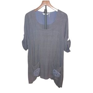 Soft Surroundings Tunic Women XL Gray Linen Blend Rosette Roll Tab Sleeve Top